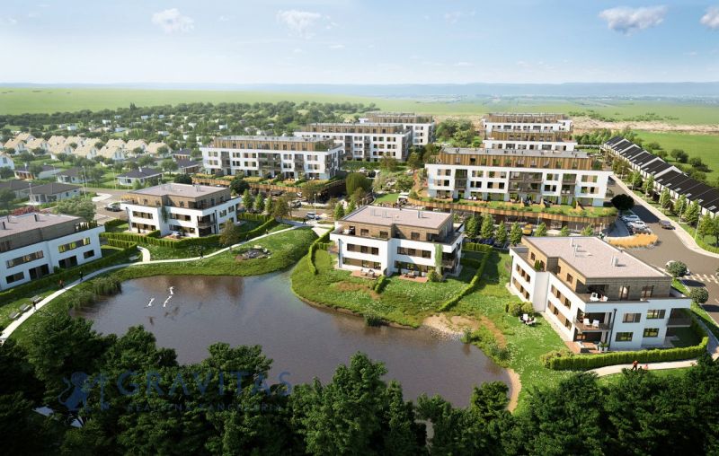 POSLEDNÝ VOĽNÝ BYT! Na predaj 3-izb.byt, Nová Tehelňa-Senec - Na ulici Vtáčia, panoráma rezidenčného projektu s tromi 3-izbovými bytmi pri jazierku.
