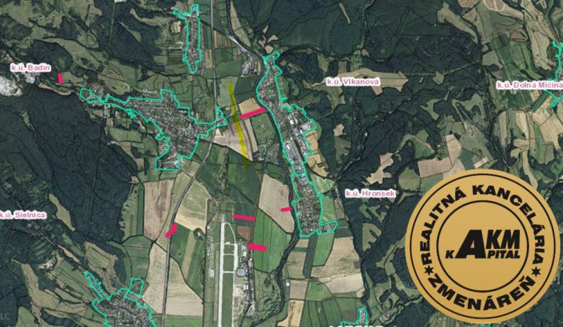 Pozemky na predaj  Badín, okres Banská Bystrica  - Letecká mapa poľnohospodárskych a lesných pozemkov v okolí Badína.