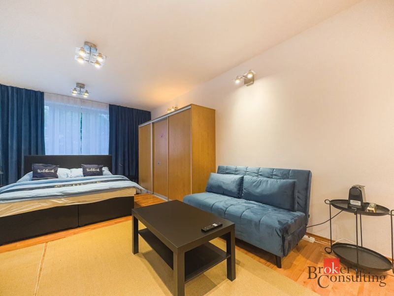 Zariadený 1i apartmán s balkónom na Hradnom kopci - 1-izbový byt s gaučom, posteľou, skriňou a podlahou s dreveným dekorom.
