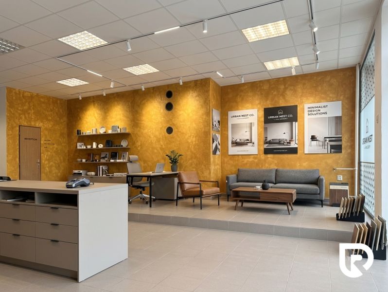 Prenájom 148,25 m² showroom, predajňa | Zlatovce - Interiér obchodných priestorov, sedenie, stôl, žlté steny, podlaha s dreveným dekorom.