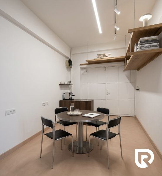 Prenájom 148,25 m² showroom, predajňa | Zlatovce - Svetlá obchodné priestory s kruhovým stolom a minimalistickým nábytkom.