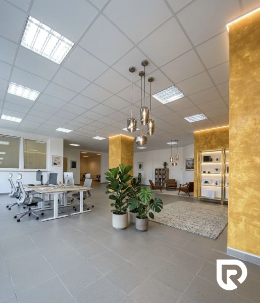 Prenájom 148,25 m² showroom, predajňa | Zlatovce - Obchodné priestory s rastlinami, moderným nábytkom a osvetlením na podlahe s dekorom.