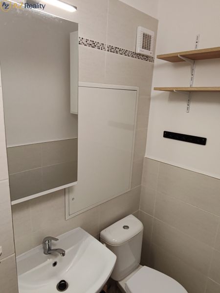 1 izbový byt s balkónom na prenájom  - Kúpeľňa v 1-izbovom byte s umývadlom, zrkadlom a toaletou.