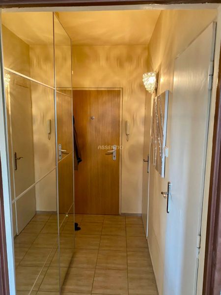Prenajom 2,5-izbový byt v Karlovej Vsi – 48 m², výhľad do Líščieho - Chodba so zrkadlovou skriňou a drevenými dverami v 2-izbovom byte.