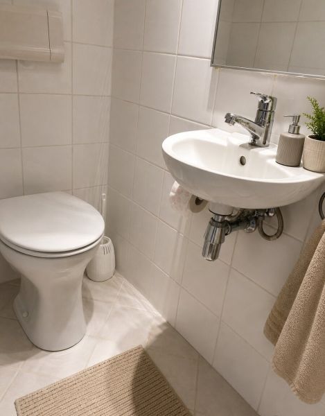 2- izbový byt na  ulici Studenohorská, Bratislava-Lamač - Toaleta v 2-izbovom byte so svetlými obkladačkami a umývadlom.
