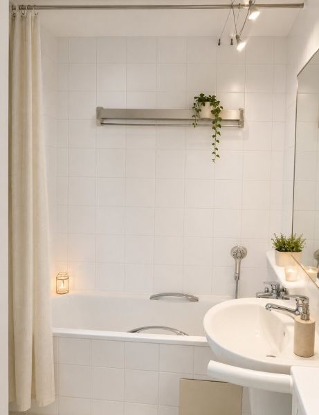 2- izbový byt na  ulici Studenohorská, Bratislava-Lamač - Kúpeľňa v 2-izbovom byte s vaňou, umývadlom a bielymi obkladačkami.