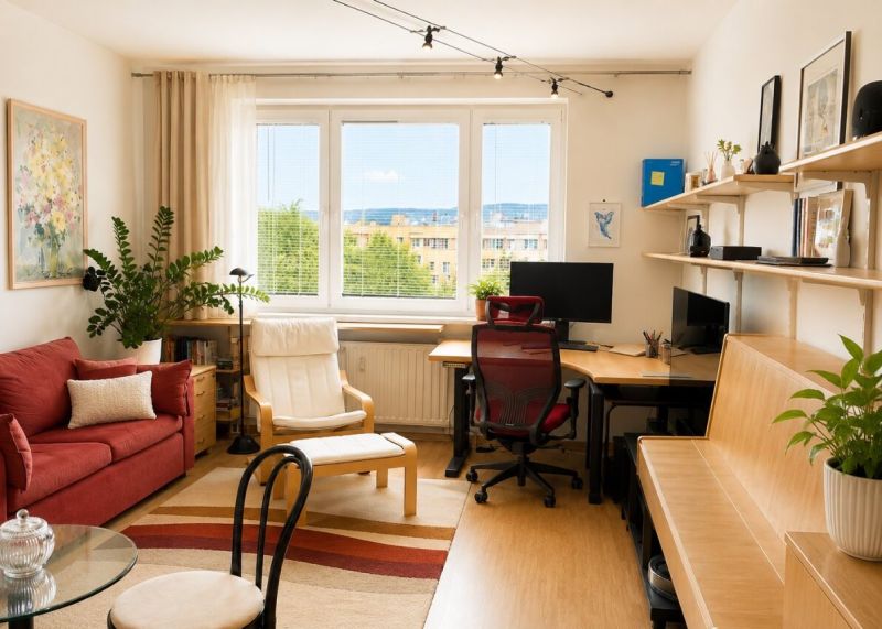 2- izbový byt na  ulici Studenohorská, Bratislava-Lamač - Svetlá obývačka s podlahou s dreveným dekorom, pracovným stolom a pohodlnými kreslami.