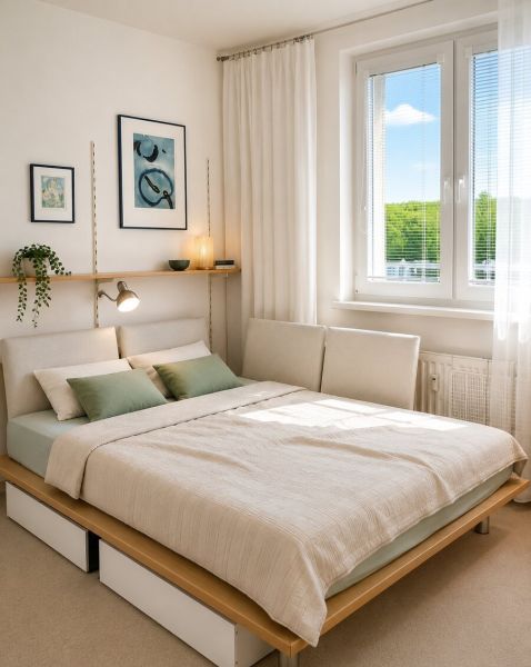 2- izbový byt na  ulici Studenohorská, Bratislava-Lamač - Svetlá spálňa s veľkou posteľou a minimalistickým nábytkom v 2-izbovom byte.