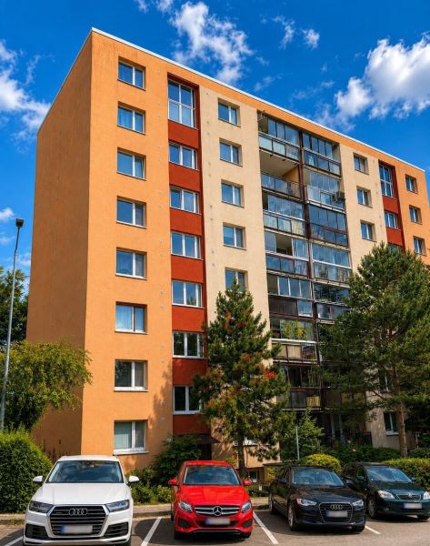 2- izbový byt na  ulici Studenohorská, Bratislava-Lamač - Farebný bytový dom na Studenohorskej ulici v Bratislave - Lamači s parkoviskom v popredí.
