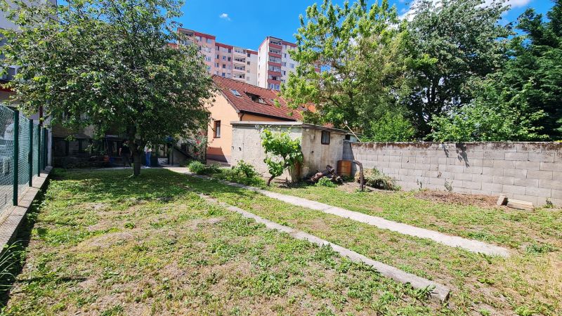 Výnimočná adresa na Nivách – dom s projektom a stavebným povolením - Záhrada pri rodinnom dome na Líščích nivách v Bratislave obklopená stromami a zeleňou.