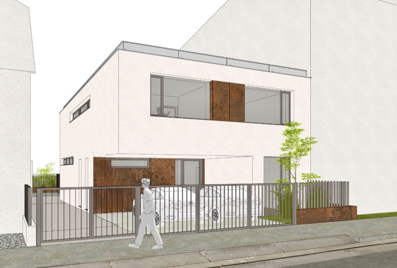 Výnimočná adresa na Nivách – dom s projektom a stavebným povolením - Vizualizácia rodinného domu na Líščích nivách v Bratislave, s modernou architektúrou a plotom.