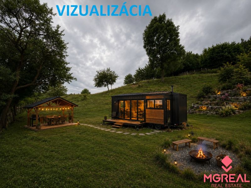 Pozemok na predaj – Horný Vadičov, 1071m2 - Vizualizácia poľnohospodárskych a lesných pozemkov v Hornom Vadičove s moderným mobilným domovom.