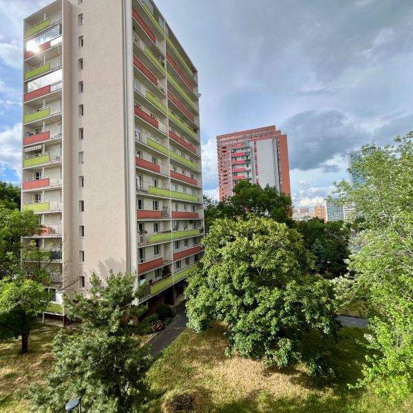 3-izbový byt s veľkou loggiou - Bytové domy a stromy v Bratislave - Novom Meste na Račianskej ulici.