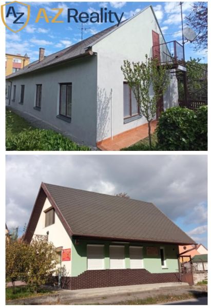 2 budovy v centre Komárna na predaj! - Rodinný dom v Komárne s bielou a zelenou fasádou, šikmé strechy.