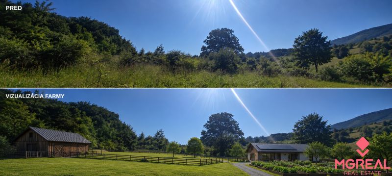 Slnečný pozemok 7 928 m² v Hornom Vadičove s výnimočným potenciálom - Porovnanie poľnohospodárskych pozemkov v Hornom Vadičove pred a po vizualizácii farmy.