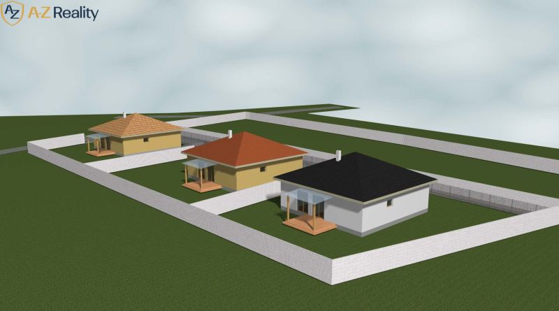 Na predaj 3 stavebné pozemky v centre obce Jasová - Trio rodinných domov s rôznou farbou striech na pozemkoch v Jasovej.