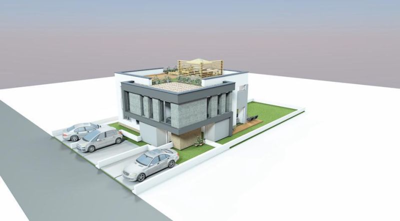 Na predaj stav. pozemok s projektom, Dunajská Lužná - Vizualizácia domu s parkoviskom a strešnou záhradou, Pozemky - bývanie, Dunajská Lužná.