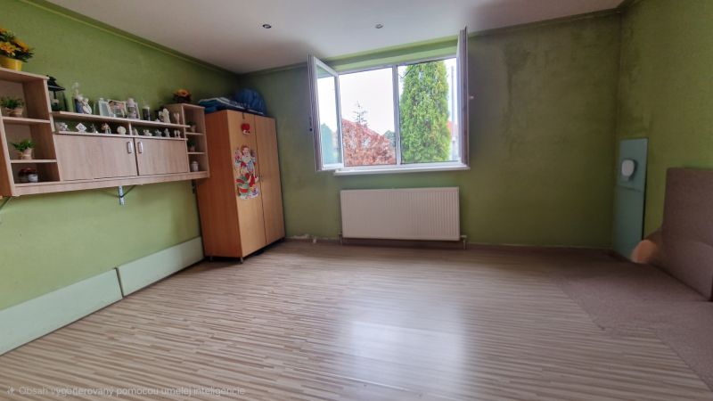 Rodinný dom s veľkorysou prístavbou v obci Parchovany - Izba v rodinnom dome s podlahou s dreveným dekorom, zelenými stenami a nábytkom.