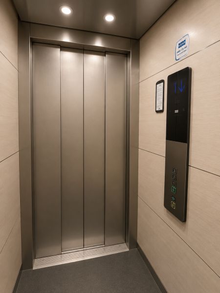 REZERVOVANÝ - Na predaj priestranný 2-izbový byt s balkónom, klímou... - Interiér výťahu s kovovými dverami a moderným ovládacím panelom v 2-izbovom byte.