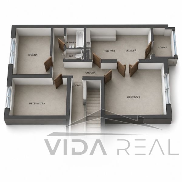Priestranný 3-izbový byt | 72 m² + 9 m² loggia + 9 m² pivnica |  - Pôdorys 3-izbového bytu s kuchyňou, obývačkou, spálňou a kúpeľňou.