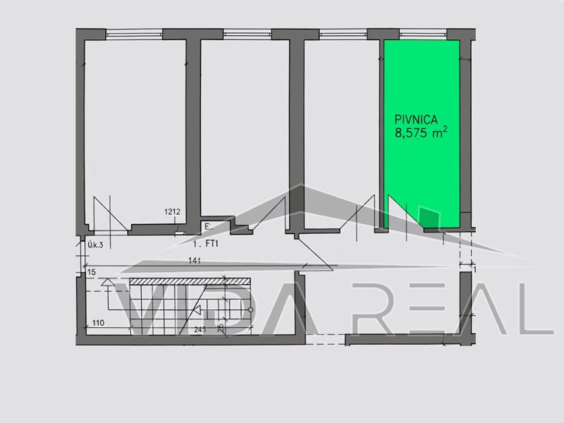 Priestranný 3-izbový byt | 72 m² + 9 m² loggia + 9 m² pivnica |  - Pôdorys pivnice s rozlohou 8,575 m² pre 3-izbový byt.