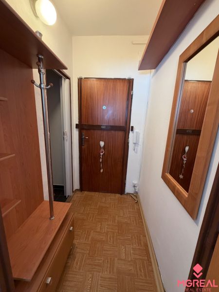 Garsonka Topoľčany / PRENAJOM - Vstupná chodba garsónky s dekorom dreva na podlahe a nábytku.