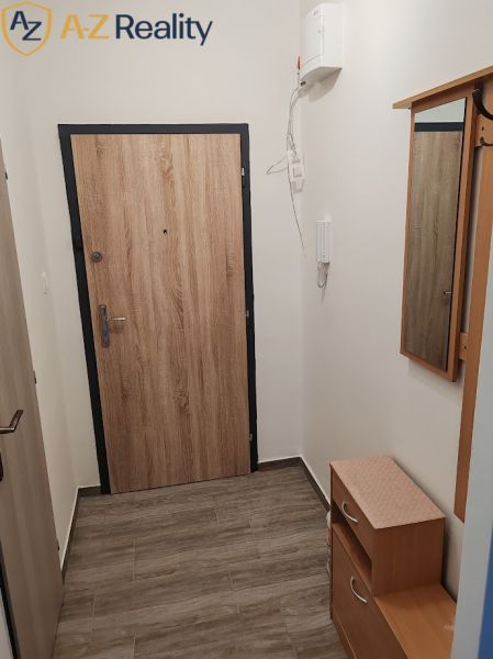 Pekný 1 izbový byt s balkónom na prenájom - Vstupná hala v 1-izbovom byte s podlahou s dreveným dekorom a nábytkom.