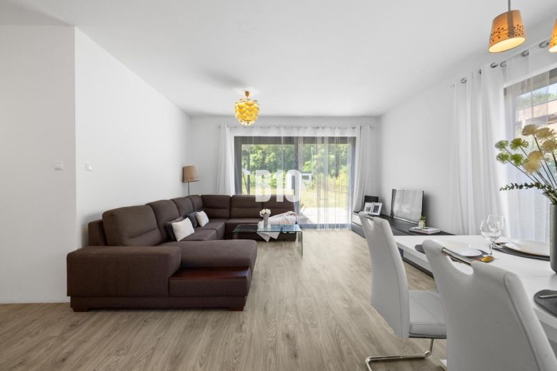 1 255 m² a 9 izieb I Priamo pri prírodnej rezervácii Šúr, len 15 minút - Obývacia izba v rodinnom dome s hnedou sedačkou a podlahou s dreveným dekorom.