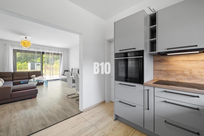 1 255 m² a 9 izieb I Priamo pri prírodnej rezervácii Šúr, len 15 minút - Kuchyňa a obývačka v rodinnom dome s podlahou s dreveným dekorom.