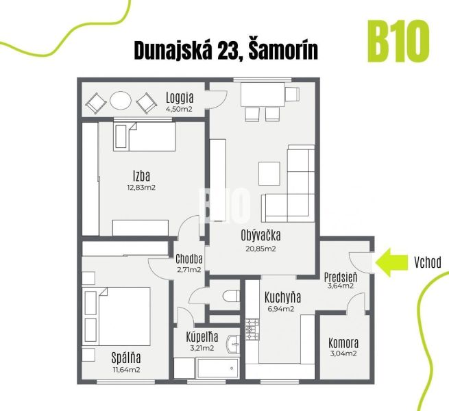 PRÍJEMNÝ 3-IZBOVÝ BYT S LOGGIOU V ŠAMORÍNE ul.Dunajská - Pôdorys 3-izbového bytu na Dunajskej ulici v Šamoríne so vstupom a loggiou.