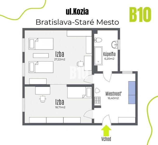 VEĽKORYSÝ 2-IZBOVÝ BYT S VYSOKÝMI STROPMI ul.Kozia - Pôdorys 2-izbového bytu na Kozej ulici v Bratislave-Starom Meste.