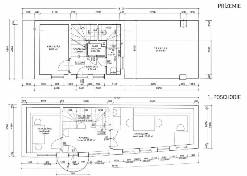 Obchodné priestory s charakterom v srdci Topoľčian – investícia, ktorá - Architektonický plán obchodných priestorov s pôdorysom na prízemí a prvom poschodí.