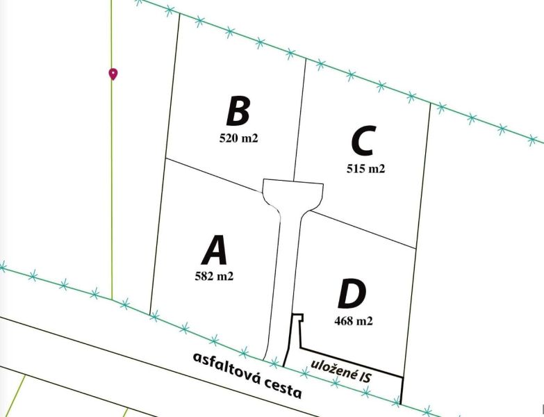 Stavebný pozemok, IS na pozemku - Nové Sady, Nitra - Pozemky na bývanie v Nových Sadoch: štyri parcely (A, B, C, D) pri asfaltovej ceste.
