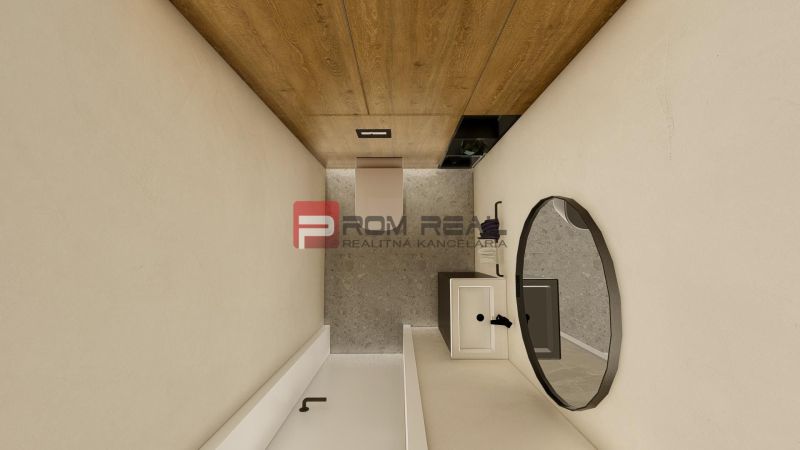 Rezidencia Potôčik Báhoň Nadčasové bývanie v lokalite, ktorá má budúcn - Kúpeľňa so zrkadlom, skriňou a umývadlom v 4-izbovom byte.