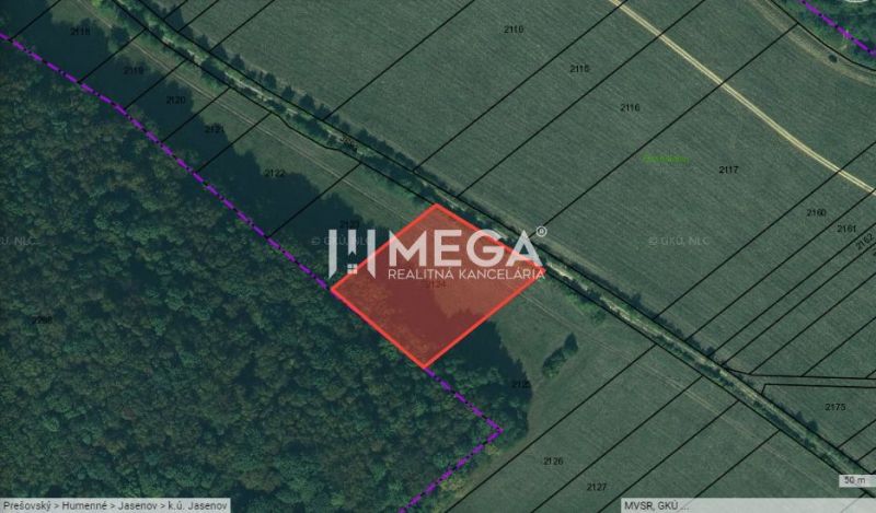 NA PREDAJ - investičný pozemok v obci Jasenov - Letecká mapa v Jasenove na Jasenov ulici, znázorňujúca pozemky a zvláštne nehnuteľnosti.