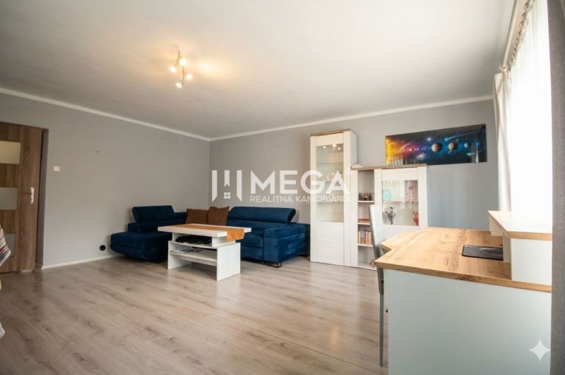 NA PREDAJ EXKLUZÍVNE: Rodinný dom s veľkým pozemkom - Veľká Ida - Obývacia izba v rodinnom dome s modrou sedačkou a podlahou s dreveným dekorom.