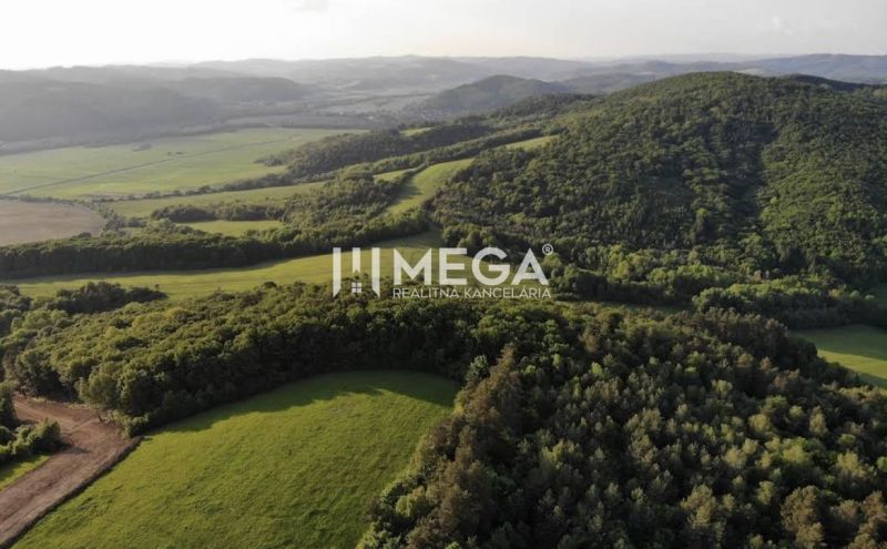 NA PREDAJ TRI INVESTIČNÉ POZEMKY CENA 18€/m² - LACKOVCE - Letecký pohľad na poľnohospodárske a lesné pozemky obklopujúce Lackovce, s rozsiahlou zelenou krajinou.