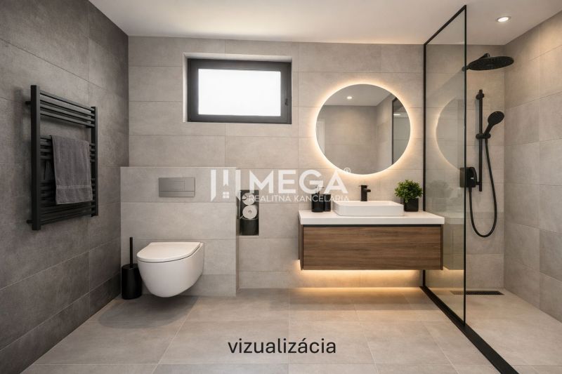 NA PREDAJ: 4-izbová NOVOSTAVBA v blízkosti Košíc - Elegantná kúpeľňa s podlahou s dreveným dekorom a moderným vybavením v rodinnom dome.