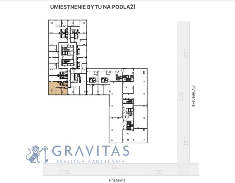 NA PREDAJ | 3izb. veľkometrážny ateliér | Prístavná ulica - Pôdorys podlažia s umiestnením 3-izbového bytu na ulici Prístavná v Bratislave-Ružinov.