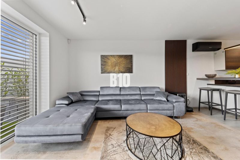 Moderný 4i dom v RED OAK, Lužianky | Kompletné zariadenie! - Sivá sedacia súprava, okrúhly stolík a obraz v obývacej izbe rodinného domu.