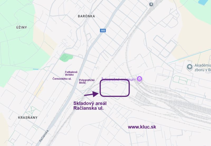 Sklad. priestory 200m2 - 1000m2, spevnené plochy do 6000m2 v areáli. - Mapa znázorňujúca skladový areál na Račianskej ulici v Bratislave - Rači.