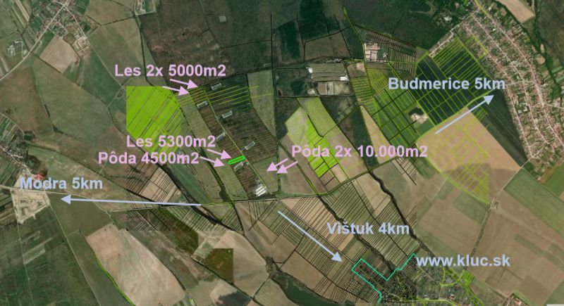 Hľadáte pôdu, les alebo lúku v okrese Pezinok? Budmerice - Letecký pohľad na poľnohospodárske a lesné pozemky pri Modre a Budmericach, označené rozlohy.