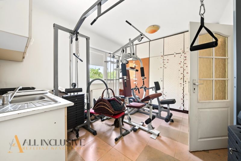 Na predaj 5-izb. poschod. rodinný dom, Bodza - Fitness zariadenie v Rodinnom dome s posilňovacími strojmi a umývadlom.