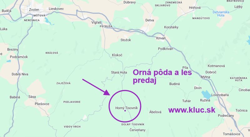 Ponúkame pozemky, od 1000m2, pôdu a les, spolu viac ako 4ha. - Mapa s označením na predaj poľnohospodárskych a lesných pozemkov v Hornom Tisovníku.