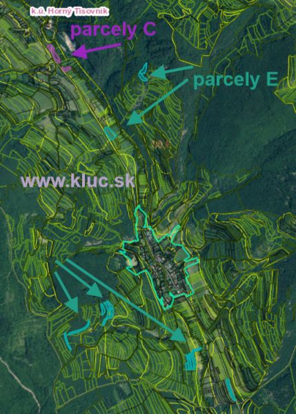 Ponúkame pozemky, od 1000m2, pôdu a les, spolu viac ako 4ha. - Letecký pohľad na poľnohospodárske a lesné pozemky v okolí Horného Tisovníka.