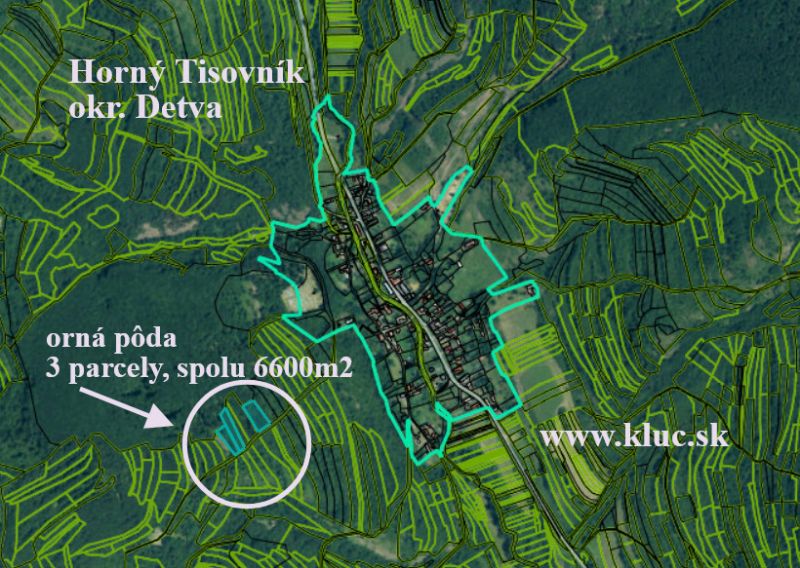 Ponúkame pozemky, od 1000m2, pôdu a les, spolu viac ako 4ha. - Mapa poľnohospodárskych a lesných pozemkov v okolí Horného Tisovníka, okres Detva.