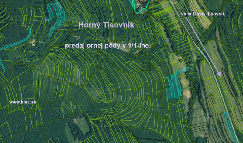 Ponúkame pozemky, od 1000m2, pôdu a les, spolu viac ako 4ha. - Katastrálna mapa poľnohospodárskych a lesných pozemkov v Hornom Tisovníku na predaj.