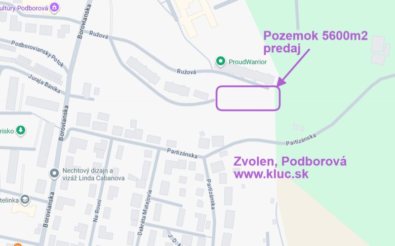 Predaj investičného pozemku. Podborová - Mapa so zvýrazneným pozemkom na predaj na Ružovej ulici v časti Zvolen, Podborová.
