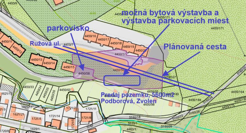 Predaj investičného pozemku. Podborová - Plánovaná cesta prechádza Ružovou ulicou vo Zvolene, pozemky - bývanie na predaj.