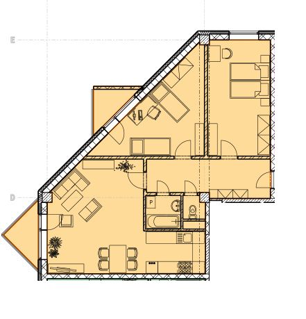 Nové skolaudované byty a apartmány vo Vajnoroch. - Pôdorys 2-izbového bytu s nábytkom, kuchyňou, kúpeľňou a obývacou časťou.